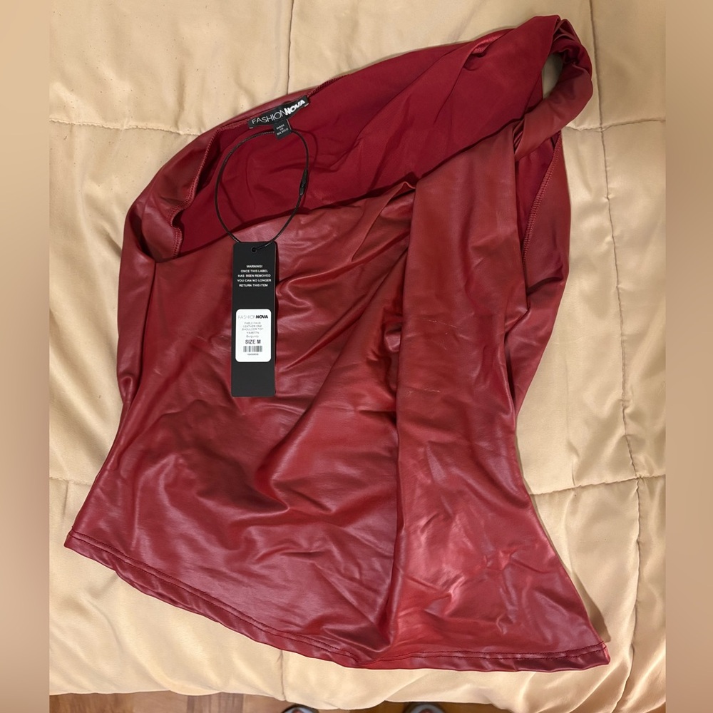 Burgundy Faux Leather One Shoulder Top